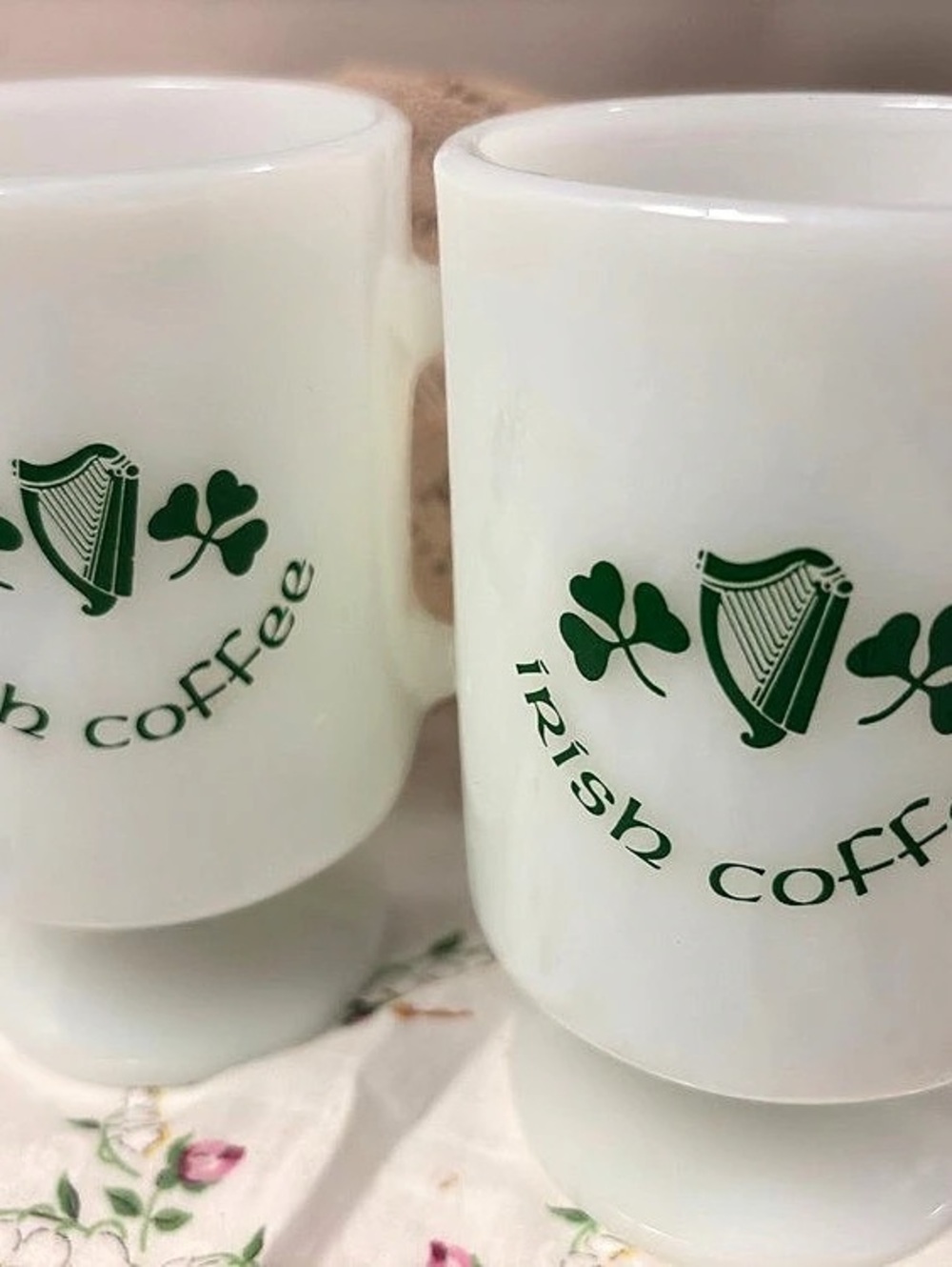 Irish Coffee Mugs Set of 2 milkglass White & Green